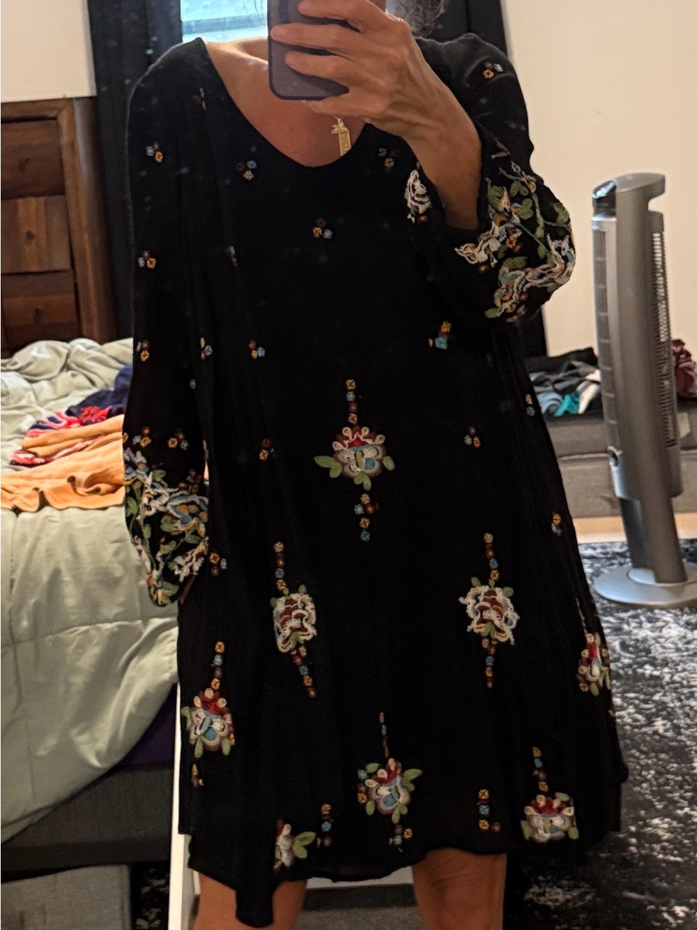 Free People Black Floral Long-Sleeve Swing Dress with Multicolor Embroidery